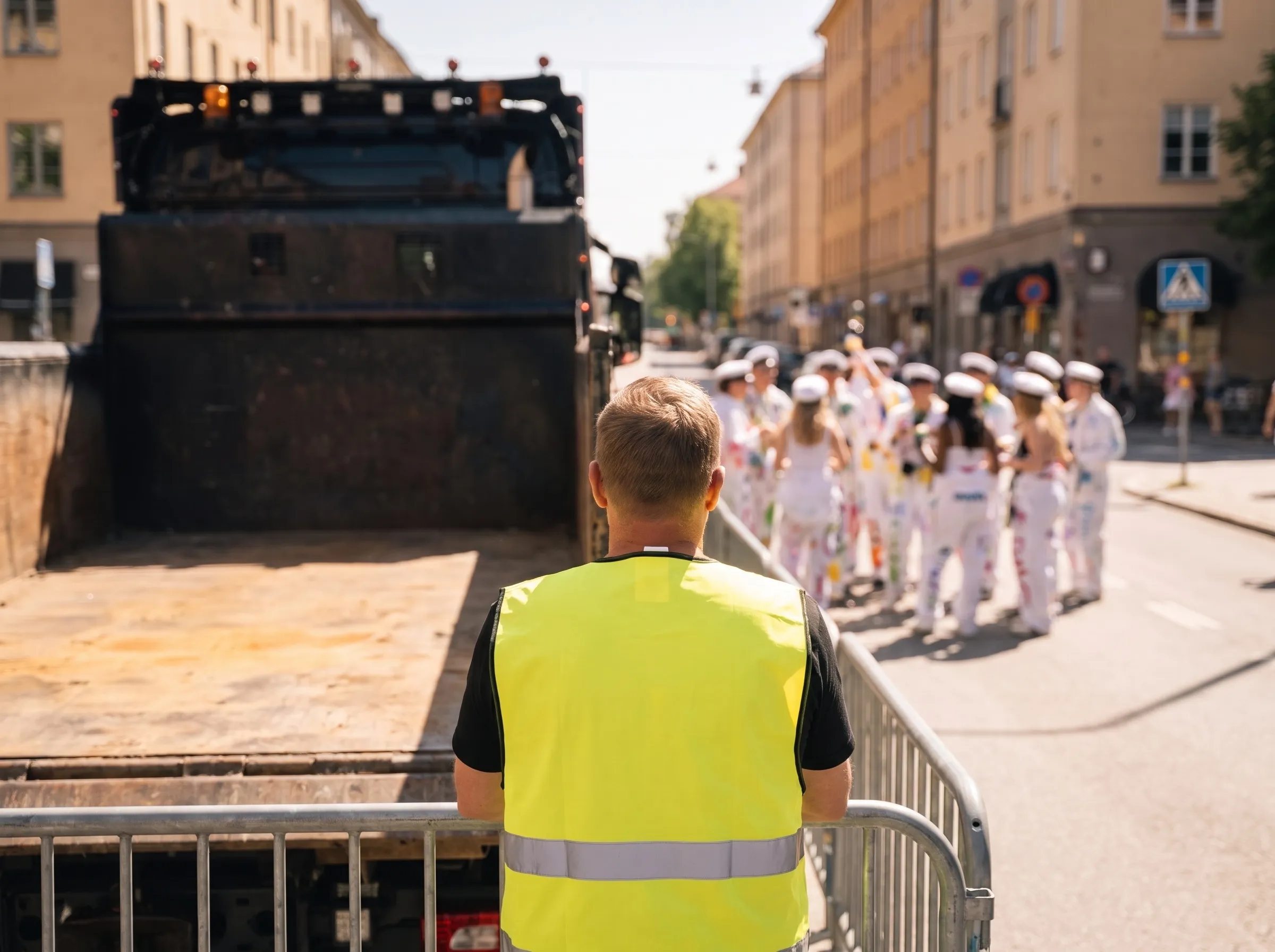 Flakvärd i gul reflexväst har uppsikt över studenterna