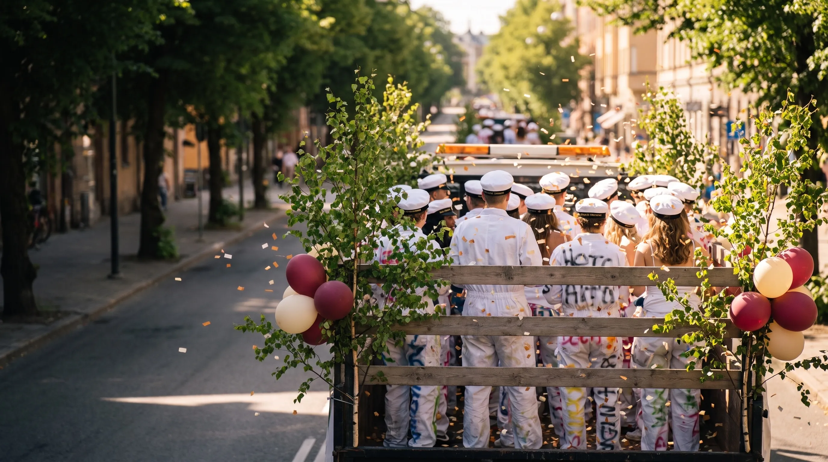 Studenter i vita studentmössor firar på ett studentflak på väg genom stan en solig junidag